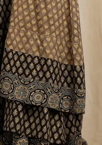 Olive Green with Dark Brown Ajrakh Print Sleeveless Flared Overlay image 5
