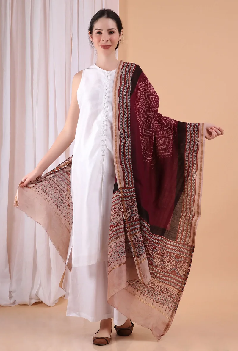 Burgundy Red Ajrakh Modal silk Dupatta