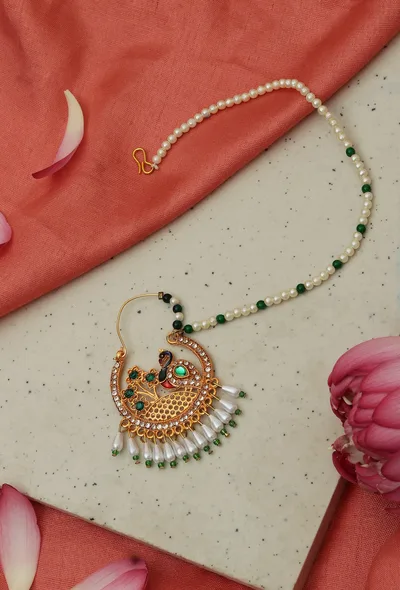 Peacock Green Kundan Nath with Pearl Chain