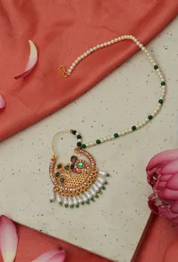 Peacock Green Kundan Nath with Pearl Chain image 1