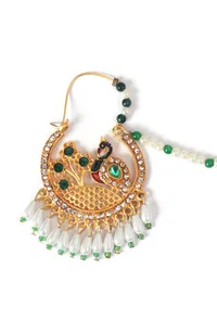 Peacock Green Kundan Nath with Pearl Chain image 3