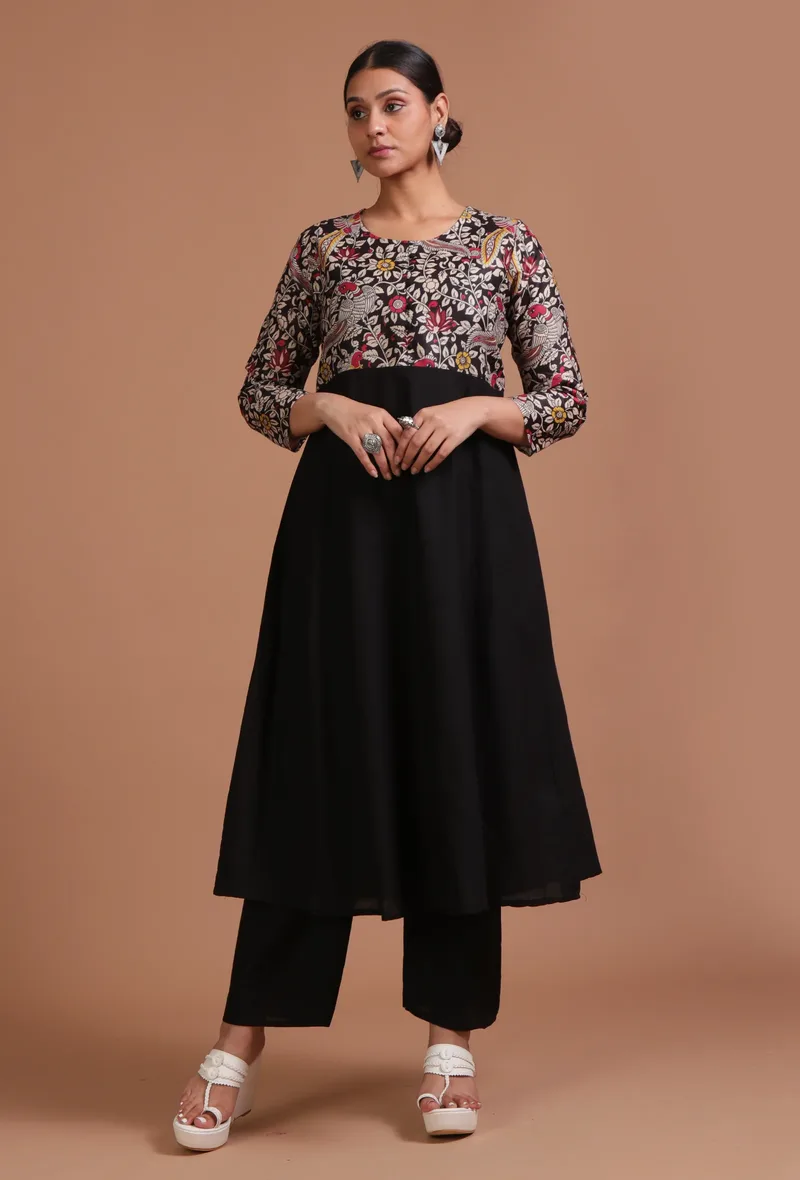 Set Of 2: Black Cotton Printed Kurta & Pant Set