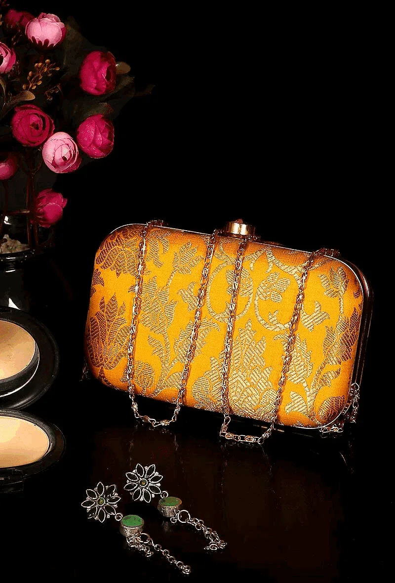 Sunflower Yellow Brocade Box Clutchwith Sling (8 X 2 X 4.5)