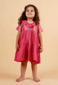 Pink Striped With Checked Flared Woven Dress image 1