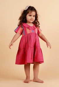 Pink Striped With Checked Flared Woven Dress image 2