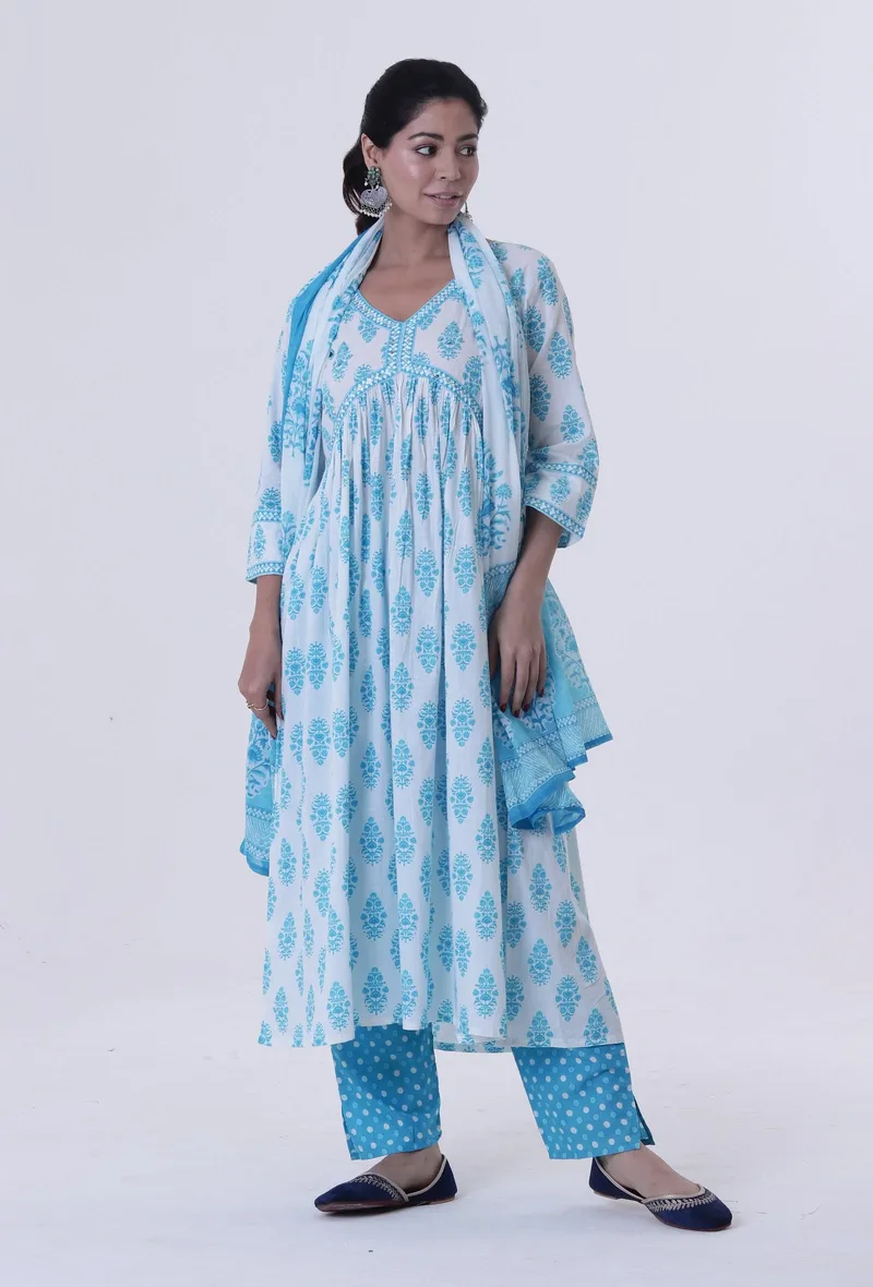 Set Of 3: White Cotton Kurta, Pant & Dupatta Set with Blue Motif
