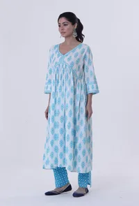 Set Of 3: White Cotton Kurta, Pant & Dupatta Set with Blue Motif image 3