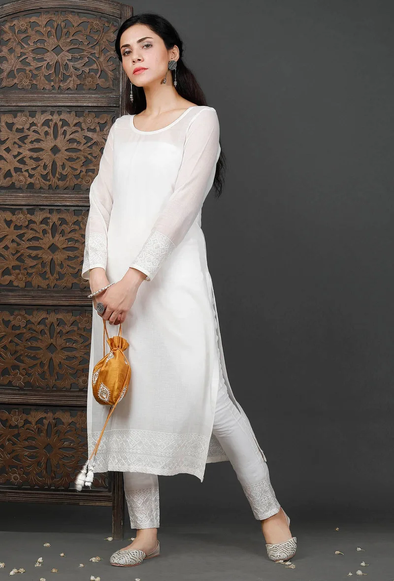 Embroidered White Cotton Chikankari Kurta
