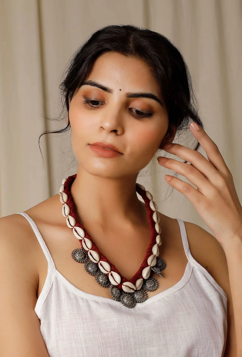 Sidham Red Cowrie Shell Tribal Necklace