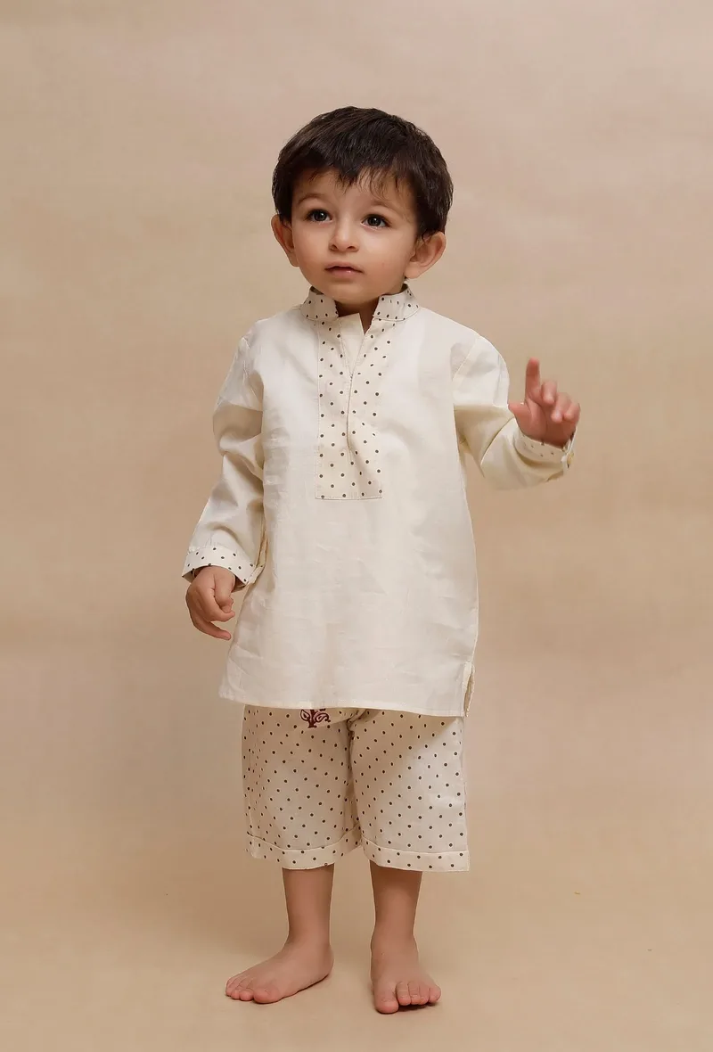 Set of 2: Beige dots with floral Printed Shirt and Beige dots with floral Printed Capri