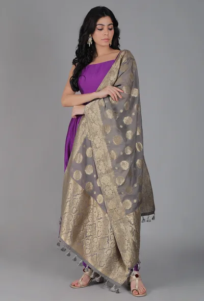 Grey Chanderi Brocade Dupatta