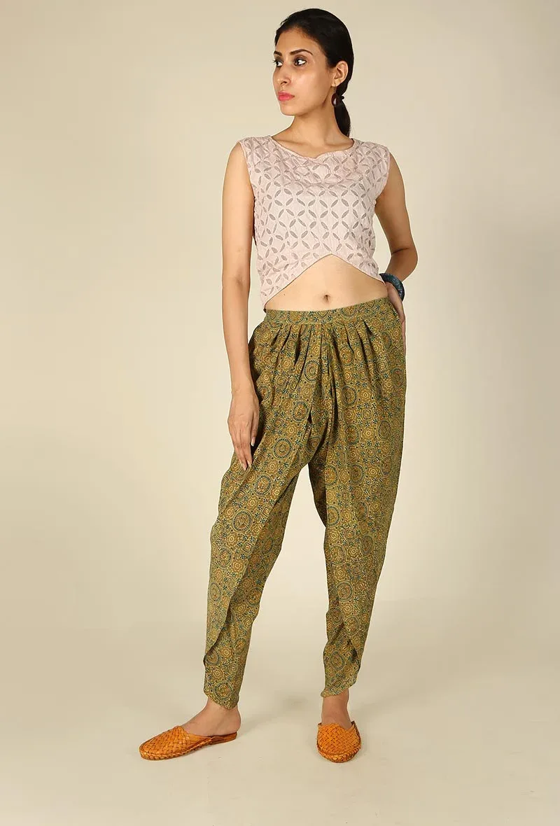 Olive Green Ajrakh Tulip Pants