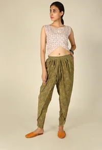 Olive Green Ajrakh Tulip Pants image 1