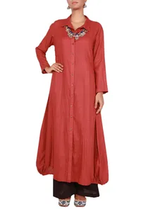 Red Cotton Linen Kurta in Anarkali Style image 1