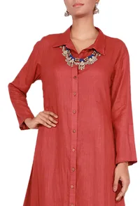 Red Cotton Linen Kurta in Anarkali Style image 2