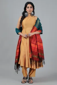 Peacock Green And Red-Orange Ikat Dupatta image 1