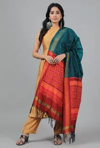 Peacock Green And Red-Orange Ikat Dupatta image 2