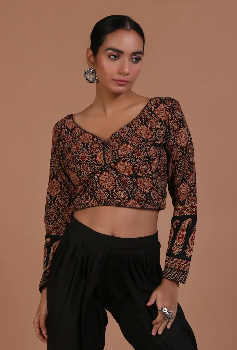 Black Cotton Ajrakh Printed Full Sleeve Blouse