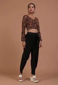 Black Cotton Ajrakh Printed Full Sleeve Blouse image 2