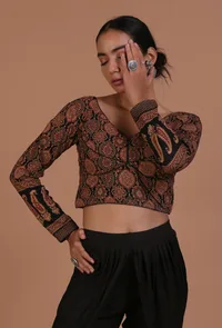 Black Cotton Ajrakh Printed Full Sleeve Blouse image 4