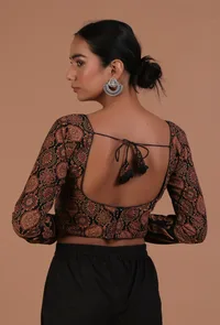 Black Cotton Ajrakh Printed Full Sleeve Blouse image 6