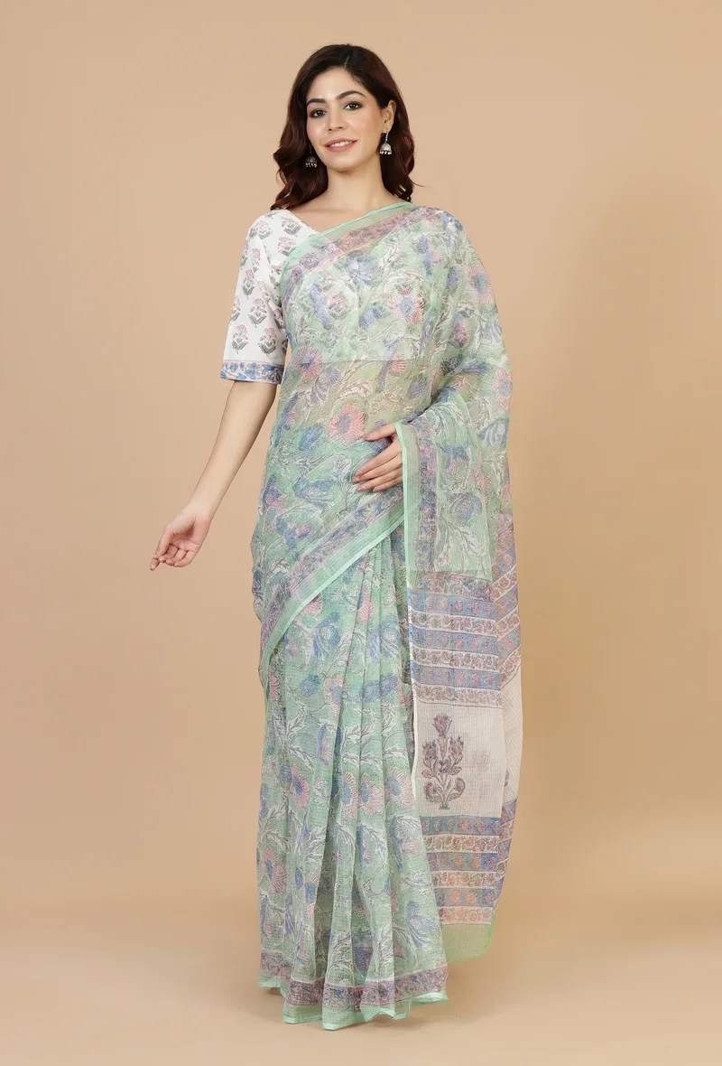 Floral Mint Kota Doriya Saree with Unstitched Blouse