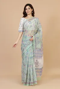 Floral Mint Kota Doriya Saree with Unstitched Blouse image 1