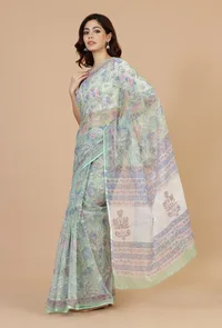 Floral Mint Kota Doriya Saree with Unstitched Blouse image 2
