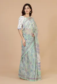 Floral Mint Kota Doriya Saree with Unstitched Blouse image 3