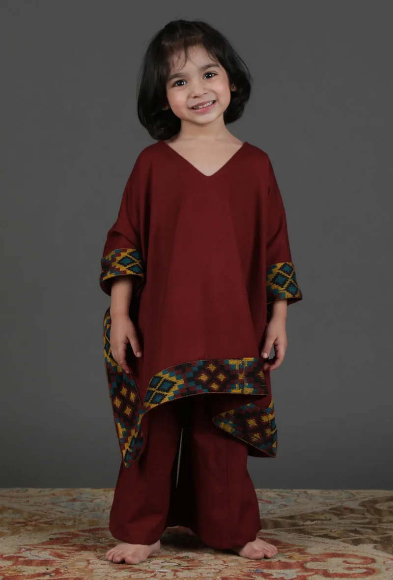 Set Of 2: Red Kullu Patti Lace Detailed Cashmilon Kurta Overlay & Maroon Palazzo