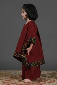 Set Of 2: Red Kullu Patti Lace Detailed Cashmilon Kurta Overlay & Maroon Palazzo image 2