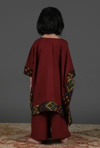 Set Of 2: Red Kullu Patti Lace Detailed Cashmilon Kurta Overlay & Maroon Palazzo image 4