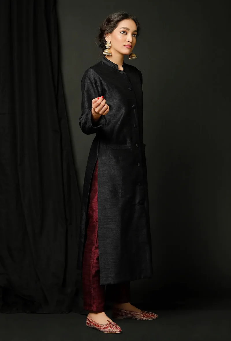 Set of 2 : Black Raw Silk Achkan and Wine Pants