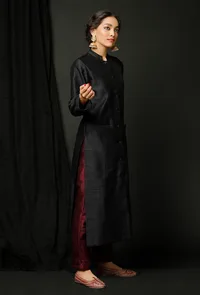 Set of 2 : Black Raw Silk Achkan and Wine Pants image 1