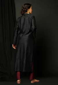 Set of 2 : Black Raw Silk Achkan and Wine Pants image 3