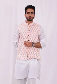 Tangerine Orange Hand Block Cotton Nehru Jacket image 1