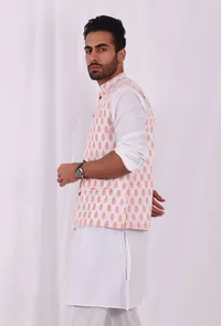 Tangerine Orange Hand Block Cotton Nehru Jacket image 2