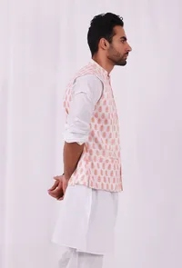 Tangerine Orange Hand Block Cotton Nehru Jacket image 3