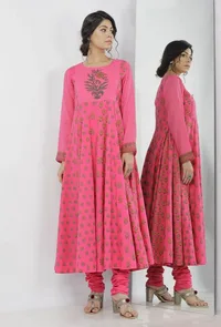 Set of 2: Raisa Pink Floral Hand-Block Printed Kota Anarkali with Plain Cotton Chooridar image 1
