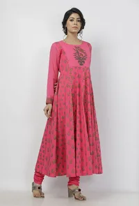 Set of 2: Raisa Pink Floral Hand-Block Printed Kota Anarkali with Plain Cotton Chooridar image 4