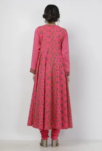 Set of 2: Raisa Pink Floral Hand-Block Printed Kota Anarkali with Plain Cotton Chooridar image 5