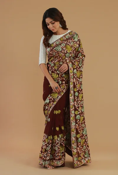 Maroon Georgette Multicolor Embroidered Saree with Unstitched Blouse