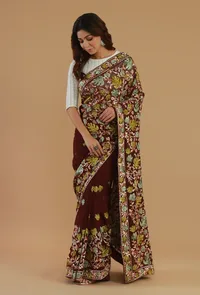 Maroon Georgette Multicolor Embroidered Saree with Unstitched Blouse image 1
