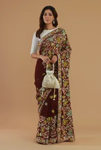 Maroon Georgette Multicolor Embroidered Saree with Unstitched Blouse image 2