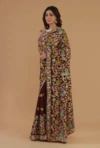 Maroon Georgette Multicolor Embroidered Saree with Unstitched Blouse image 5