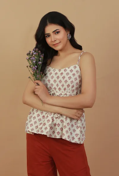 Ivory Hand Block Printed Cotton Peplum Top