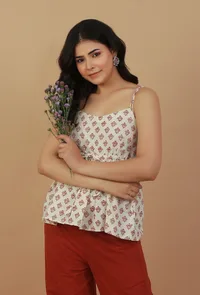 Ivory Hand Block Printed Cotton Peplum Top image 1