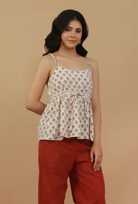 Ivory Hand Block Printed Cotton Peplum Top image 2