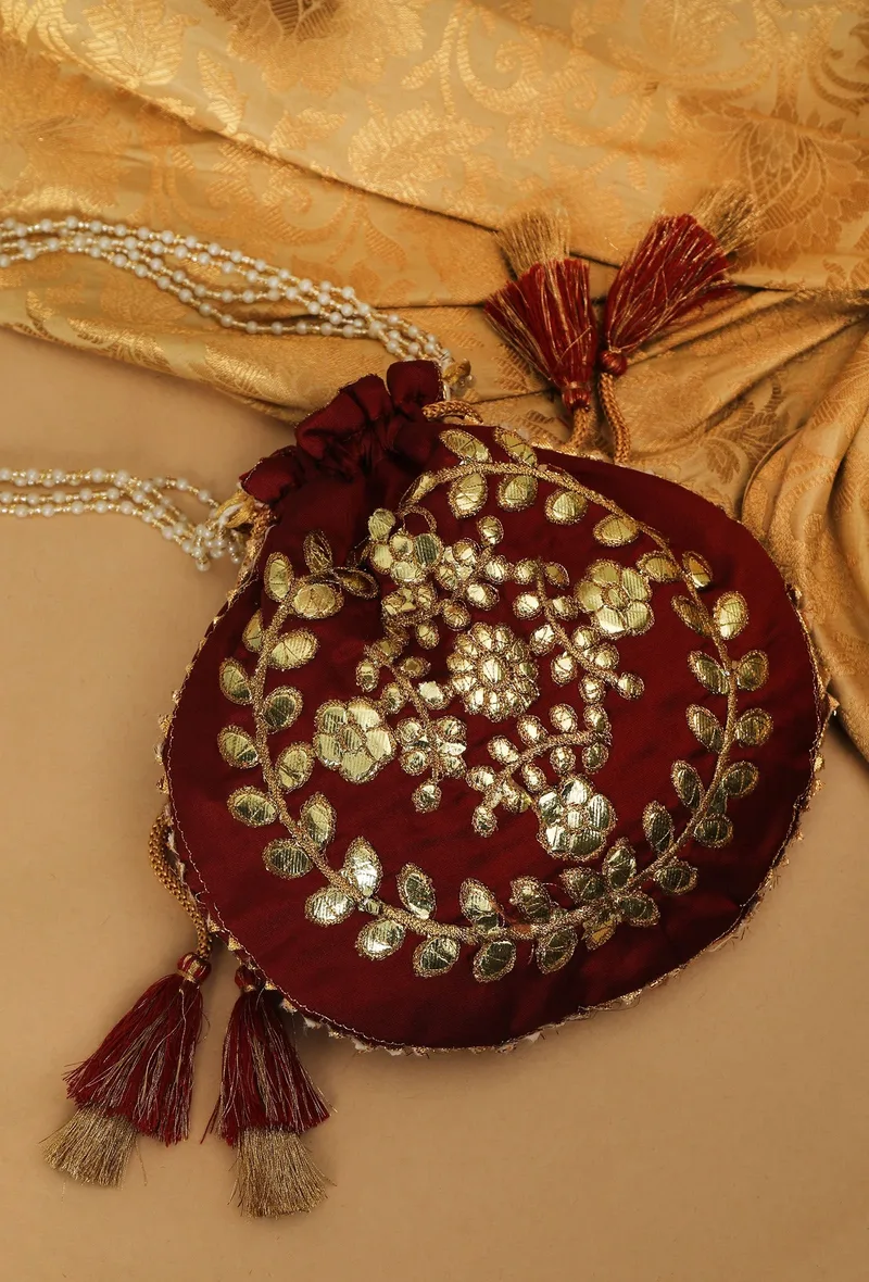 Majestic Maroon Gota Patti Silk Potli