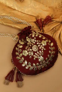 Majestic Maroon Gota Patti Silk Potli image 1